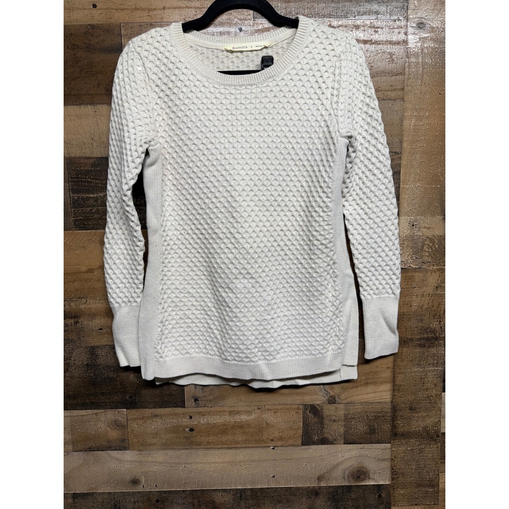Athleta Merino Wool Blend Honeycomb Knit Sweater Oatmeal Cream Size S RN 54023